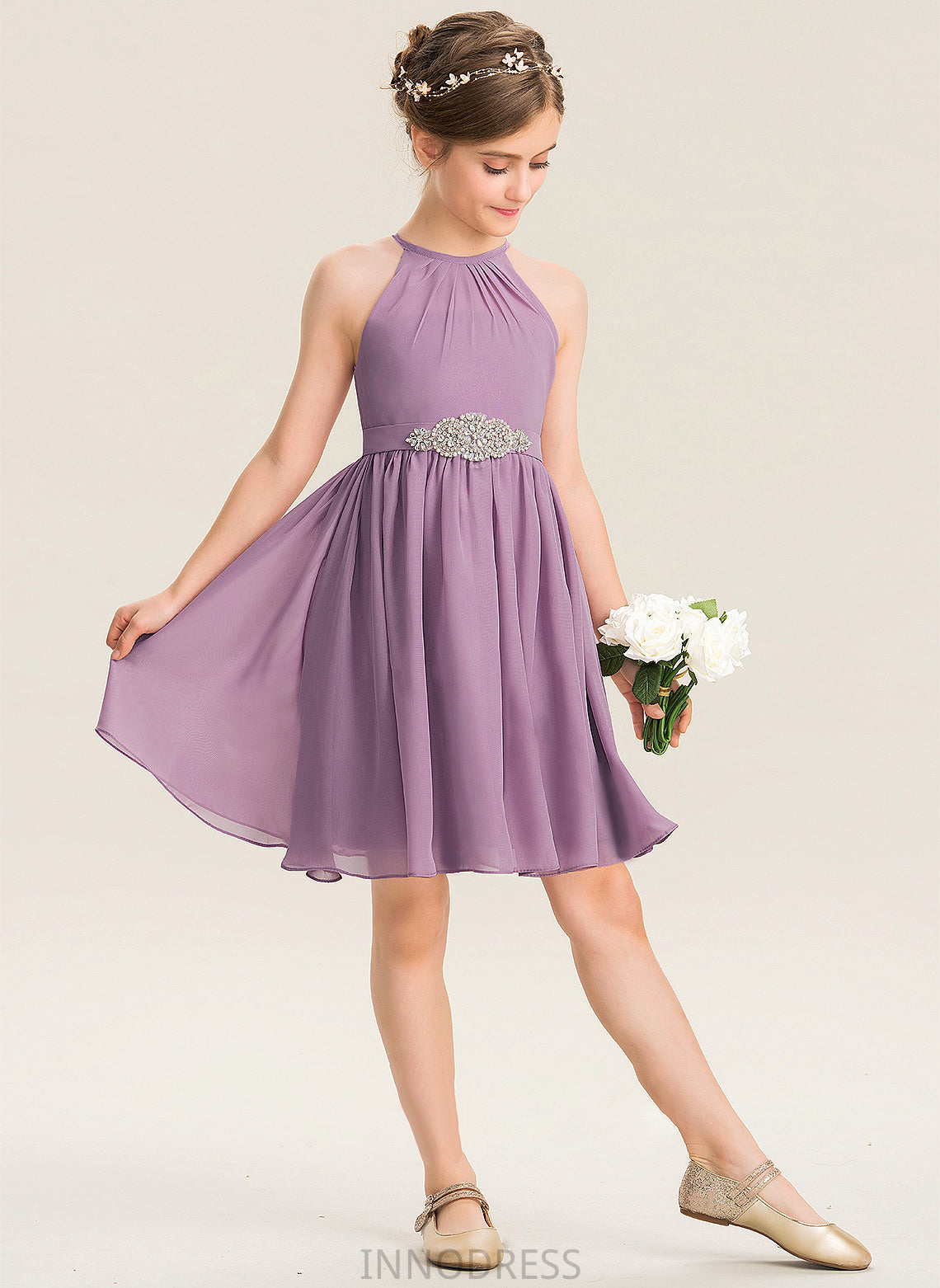 Scoop Annika A-Line Ruffle Neck Beading Junior Bridesmaid Dresses With Chiffon Knee-Length