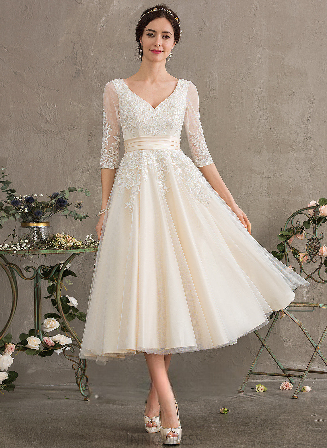 Ball-Gown/Princess Wedding Dresses Dress Tea-Length V-neck Tulle Thea Lace Wedding