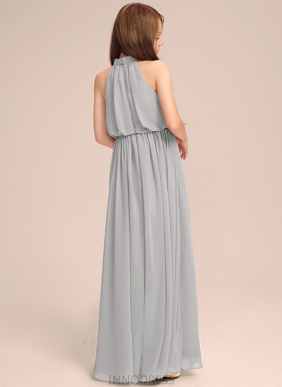 A-Line High Keely Neck Chiffon Junior Bridesmaid Dresses Ruffle With Floor-Length