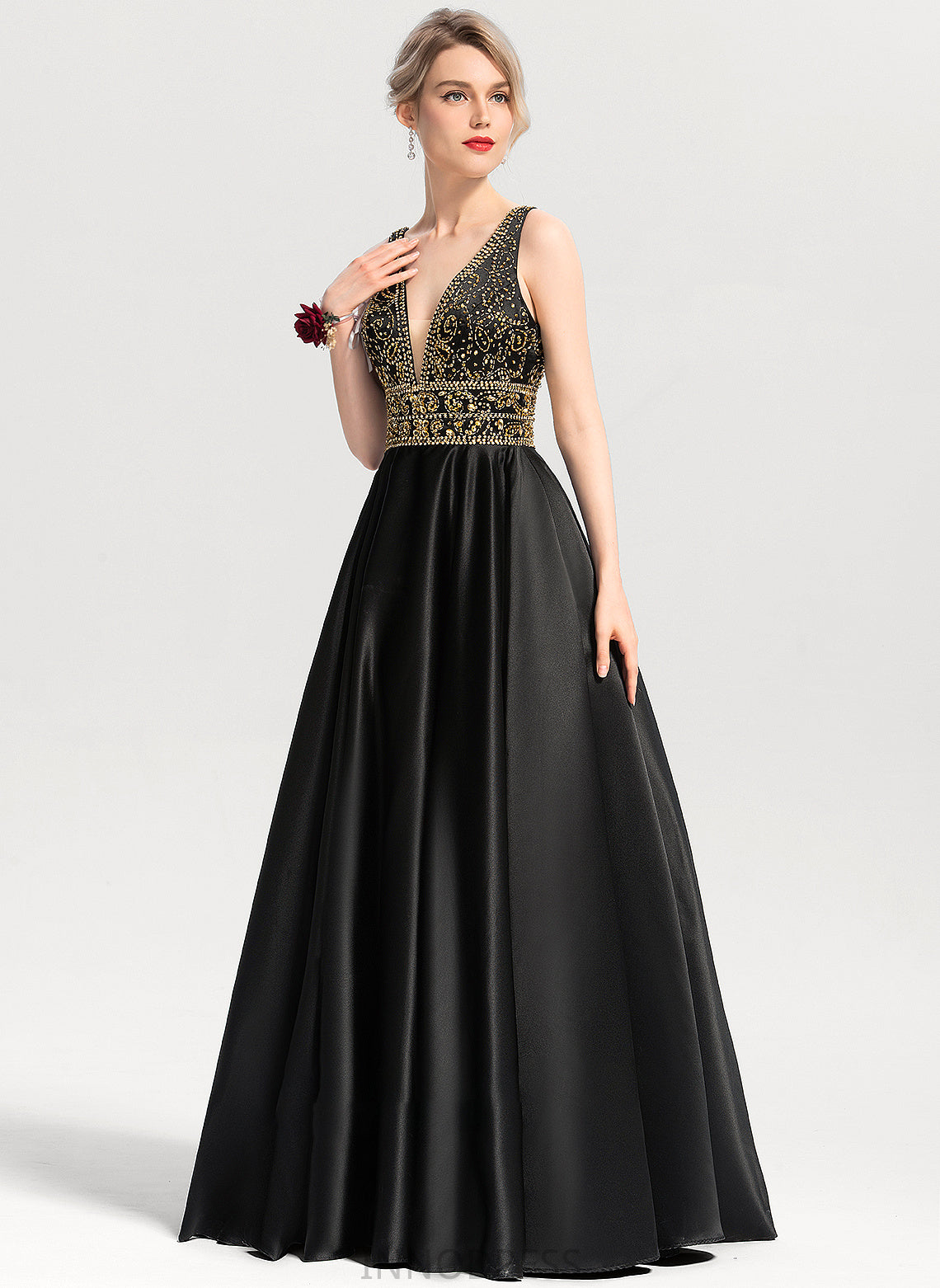 Beading V-neck Satin Prom Dresses Jaycee Ball-Gown/Princess Sequins With Floor-Length