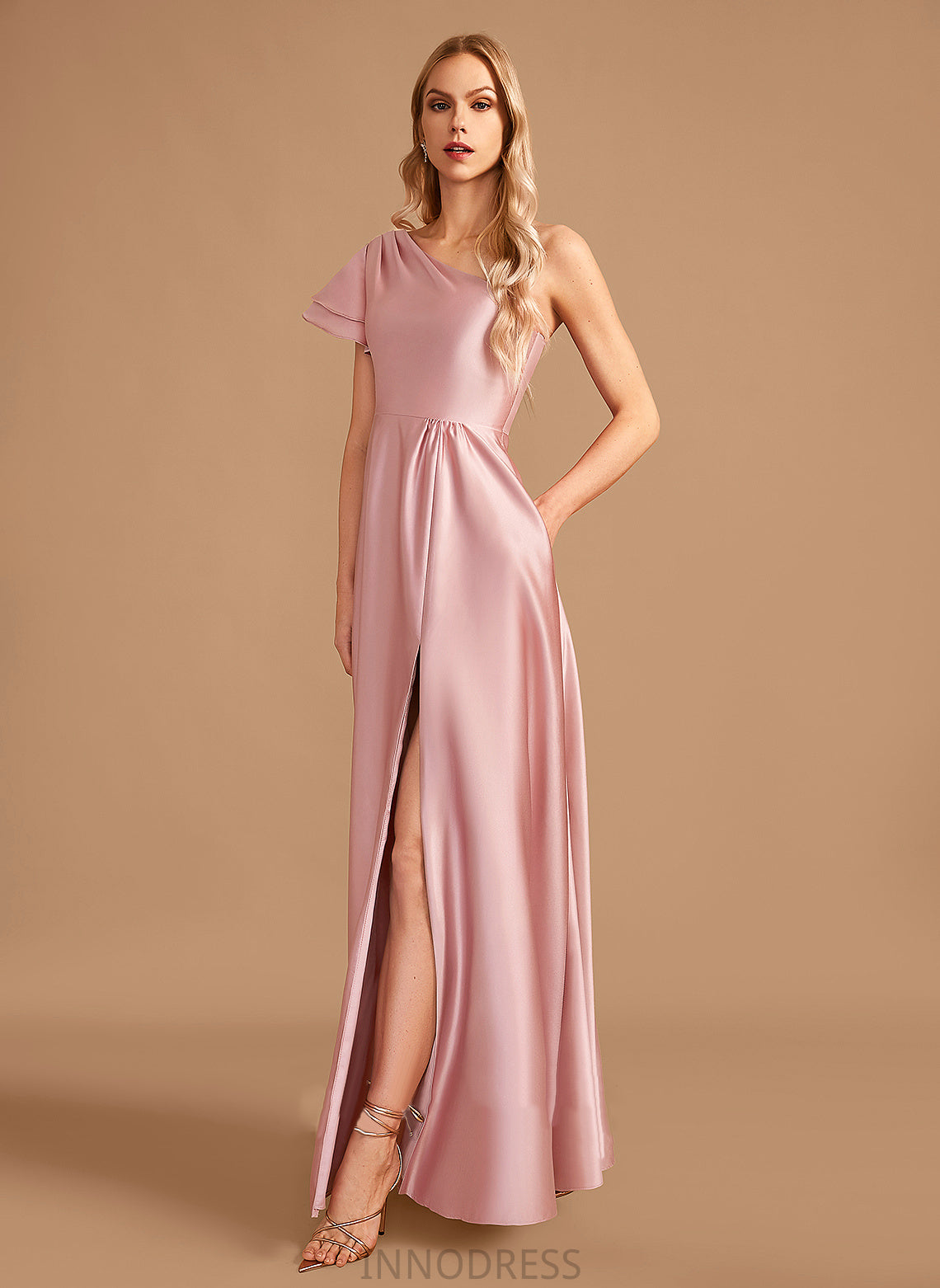 One-Shoulder Embellishment Fabric Neckline Silhouette A-Line Floor-Length Length SplitFront Elaine Natural Waist V-Neck Bridesmaid Dresses