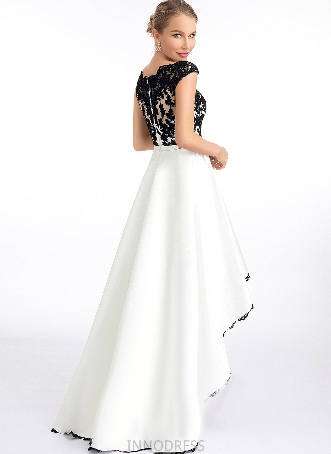 A-Line Prom Dresses Lace Scoop Rosalyn Illusion Asymmetrical Satin