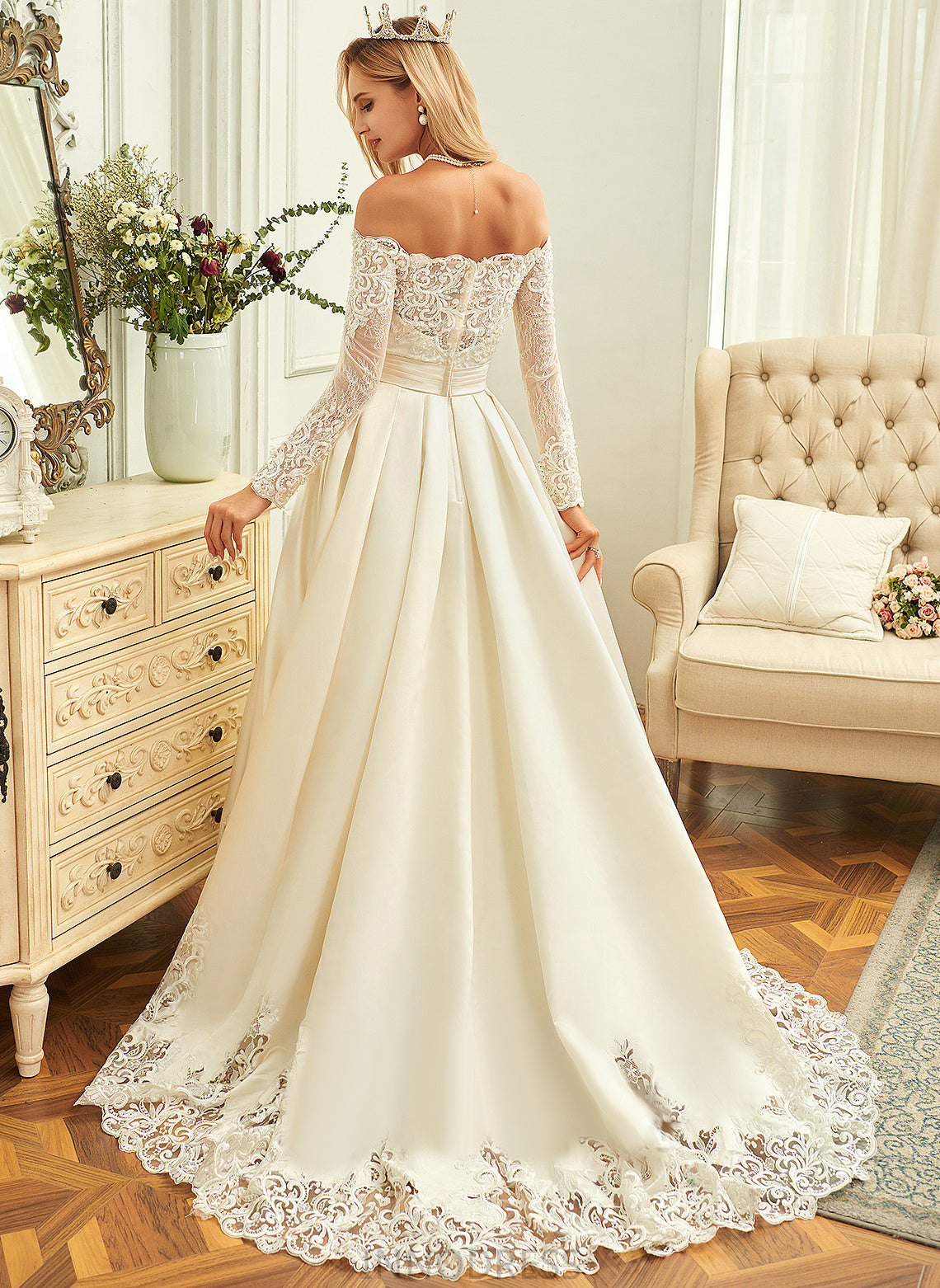 Ball-Gown/Princess Sequins Satin Train Evelyn Off-the-Shoulder With Lace Wedding Beading Sweep Dress Wedding Dresses