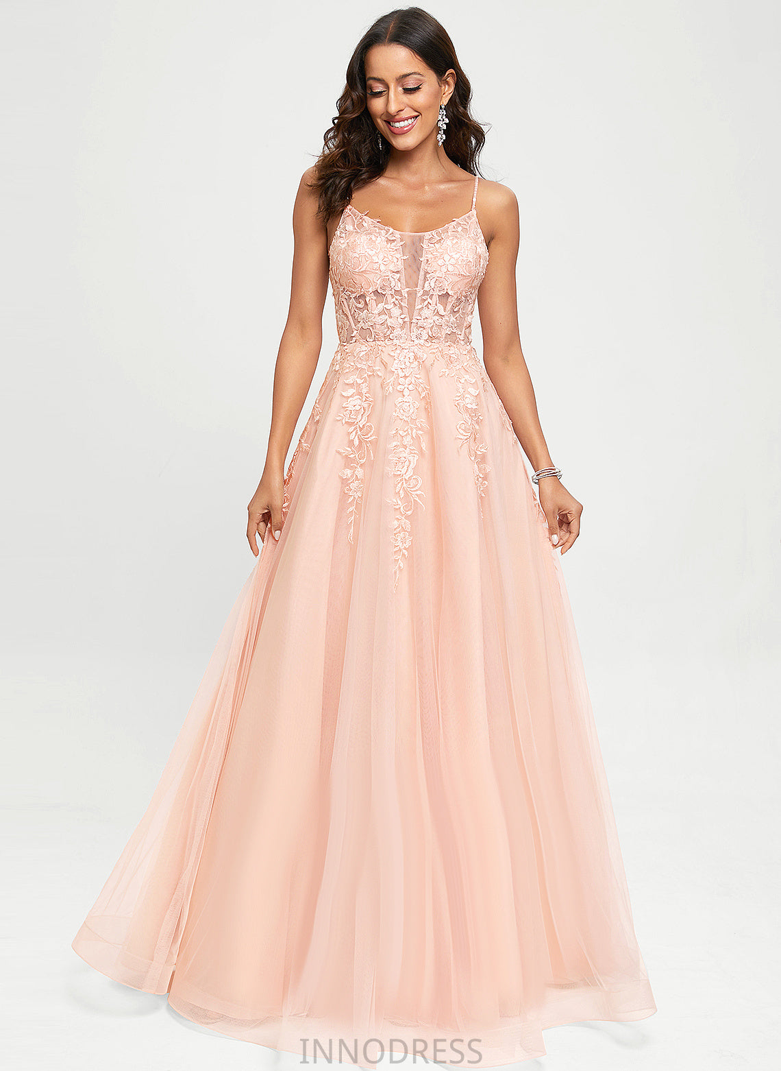 Marcia Tulle Sequins A-Line Scoop With Prom Dresses Floor-Length Lace