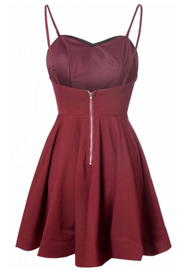 Burgundy A Line Sweetheart Spqghetti Sleeveless Mid Back Short Homecoming Dresses