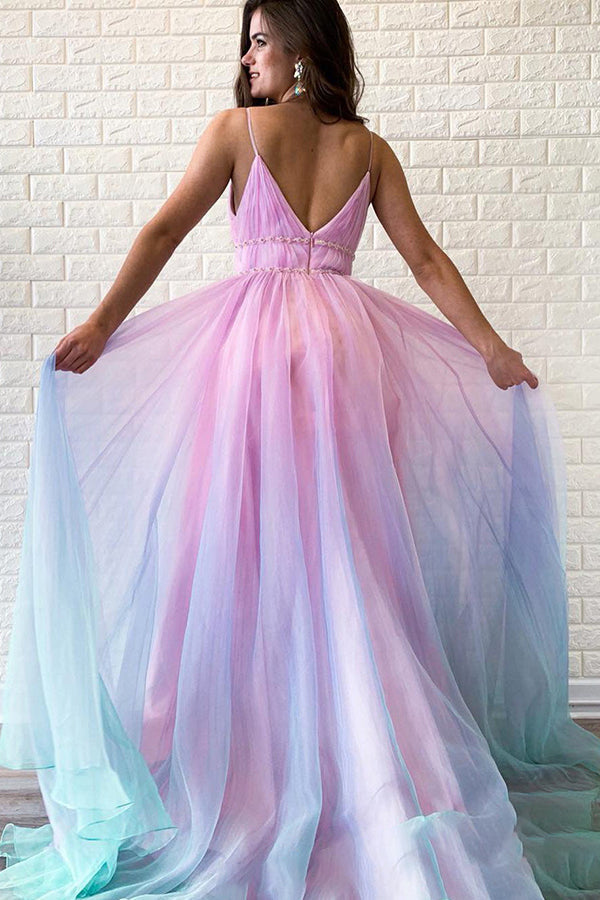 Ombre Spaghetti Straps Sleeveless A Line Prom Dresses