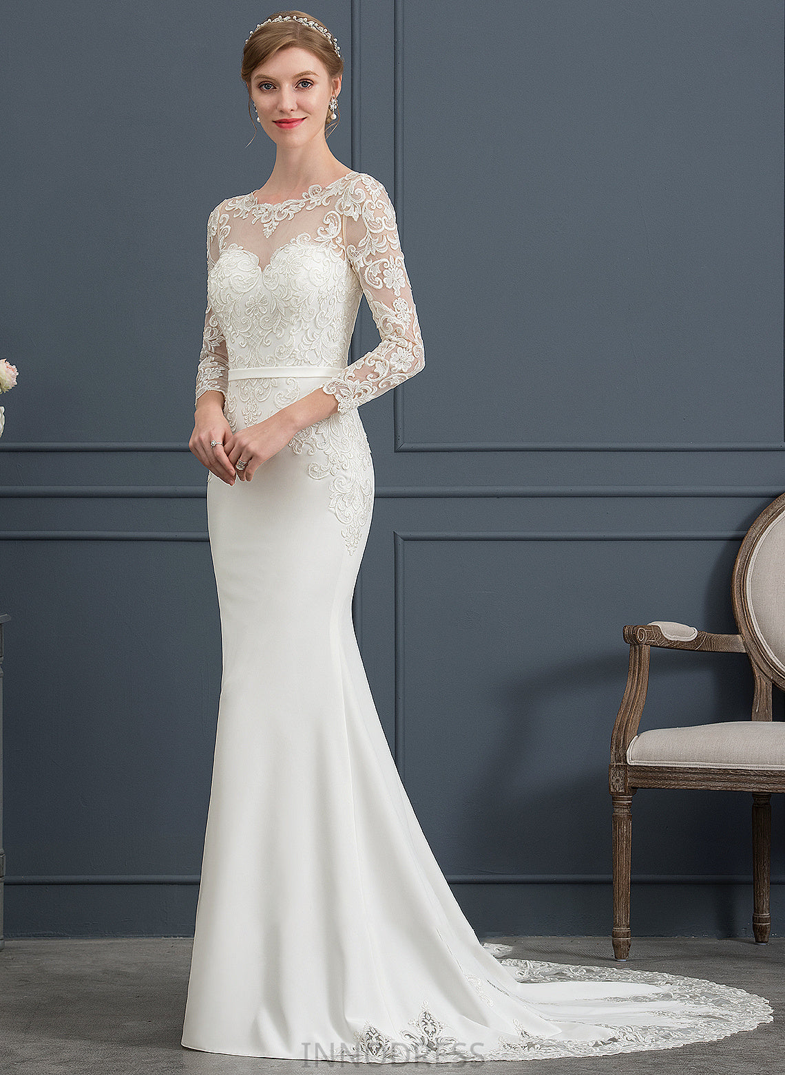 Trumpet/Mermaid With Wedding Crepe Dress Lace Stretch Train Wedding Dresses Chapel Illusion Ellen