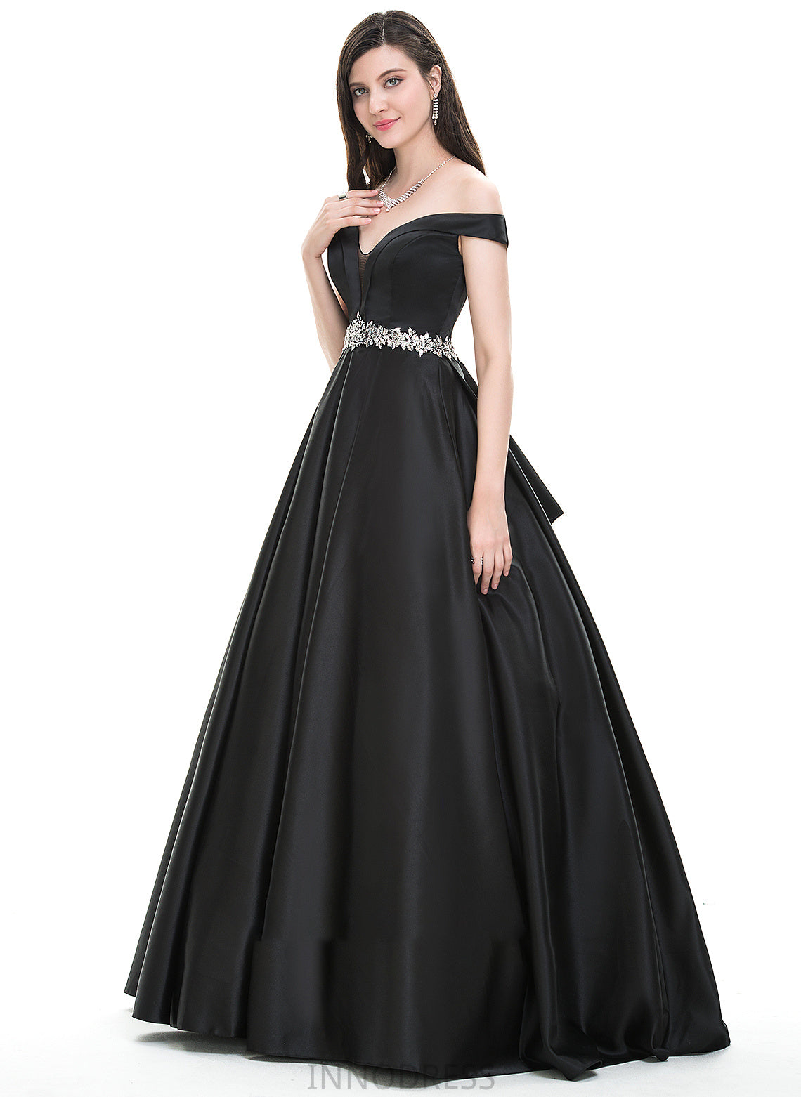 Beading With Angela Ball-Gown/Princess Prom Dresses Satin Floor-Length Off-the-Shoulder