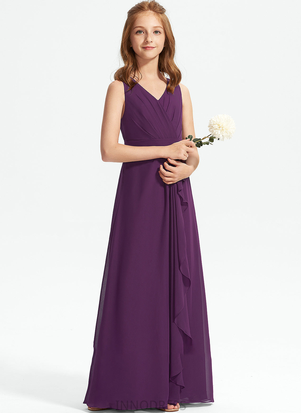 Floor-Length Chiffon Ruffles With Ayla A-Line Junior Bridesmaid Dresses V-neck