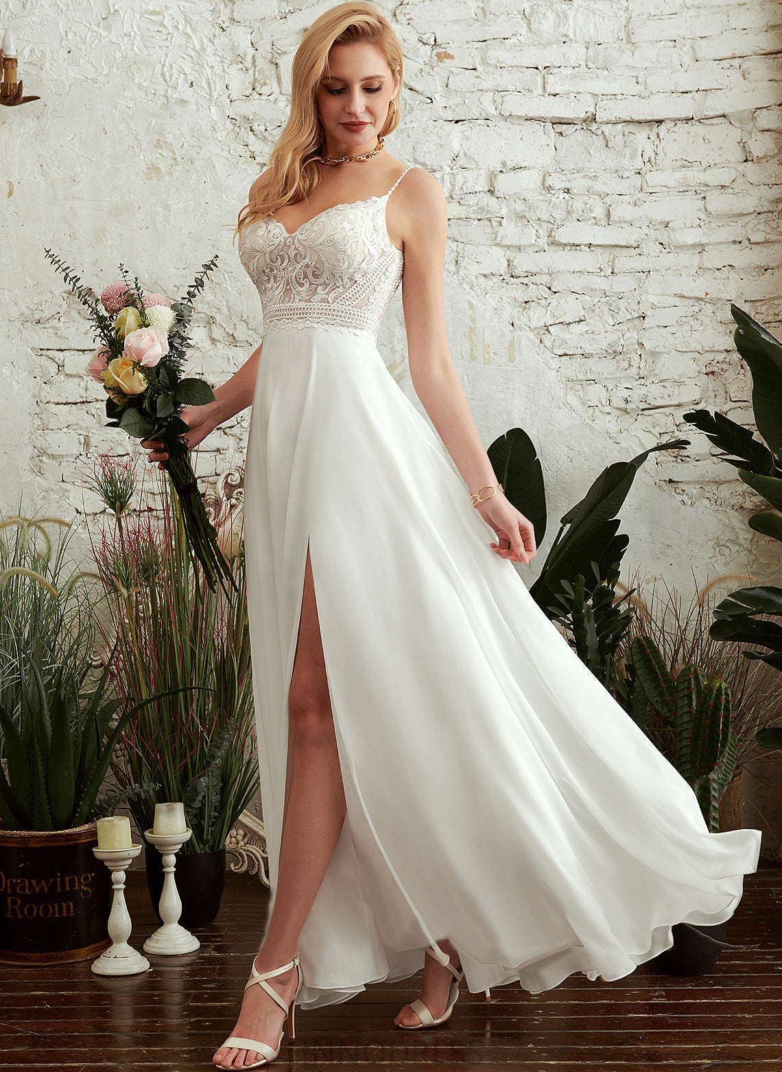 Chiffon Lace Floor-Length V-neck Wedding Dresses Dress A-Line Split Yaritza Wedding Front With