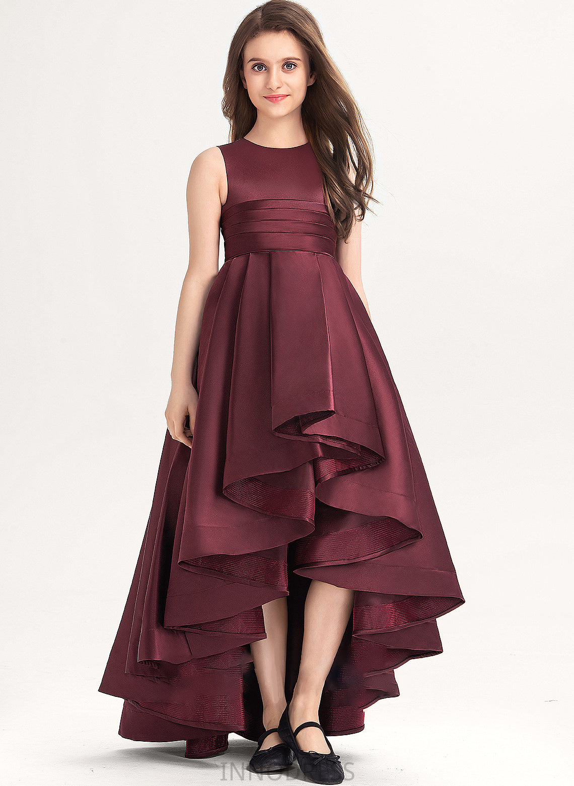 Sasha Junior Bridesmaid Dresses Neck Asymmetrical Ruffle With Satin A-Line Scoop