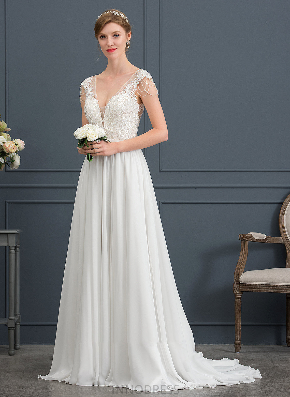 Sequins Wedding Dresses Beading V-neck Sweep Dress A-Line Chiffon With Jayla Wedding Train