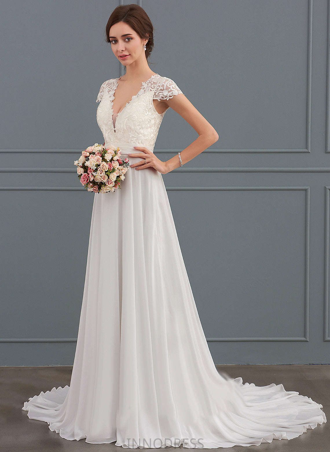 Ruffle Sweep Wedding Cassandra Dress Train V-neck A-Line Wedding Dresses With Lace Chiffon