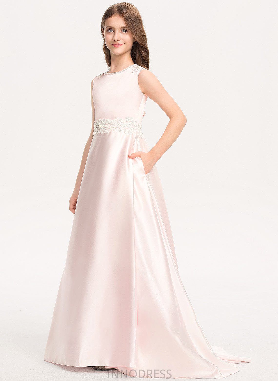 Bow(s) Satin With Lace Sweep A-Line Train Scoop Pockets Neck Carolina Junior Bridesmaid Dresses