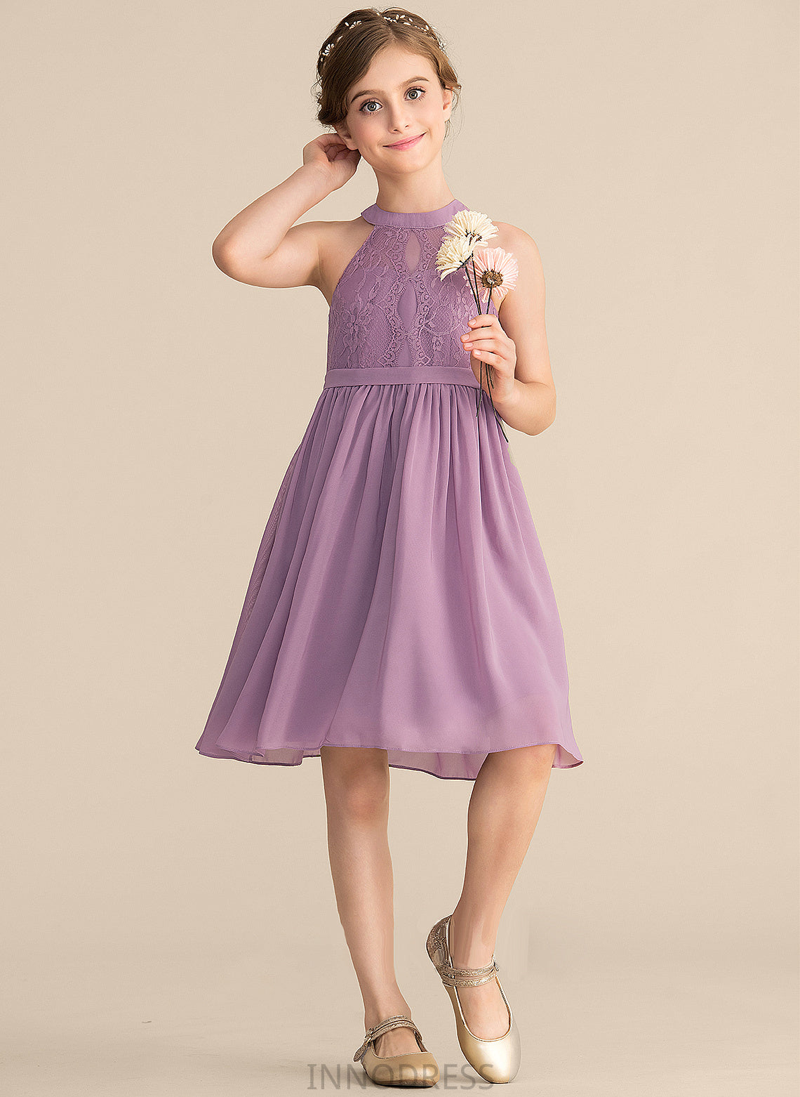 Neck Lace Ada A-Line Junior Bridesmaid Dresses Chiffon Knee-Length Scoop