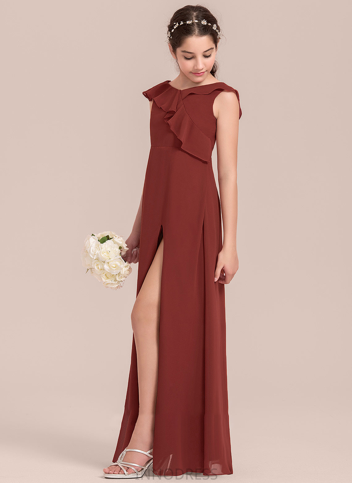 Floor-Length V-neck Chiffon With Cascading Junior Bridesmaid Dresses Ruffles Front A-Line Madilynn Split