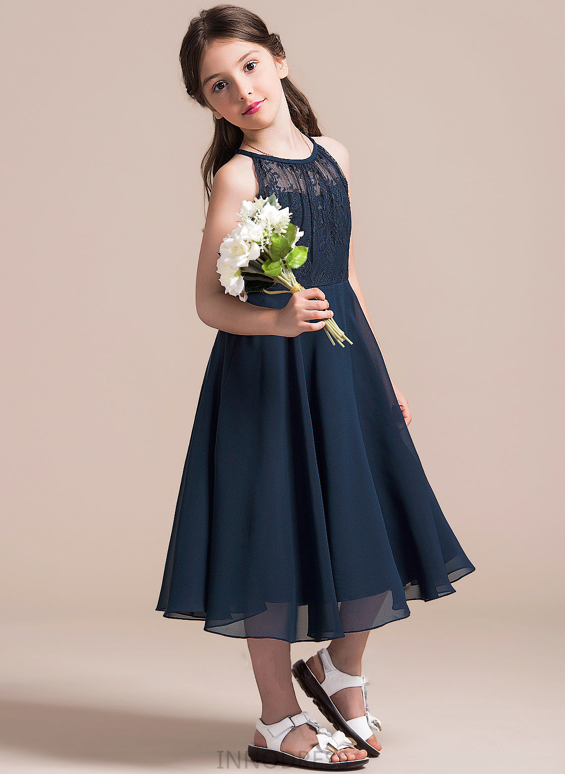 Azul A-Line Junior Bridesmaid Dresses With Neck Ruffle Tea-Length Lace Scoop Chiffon