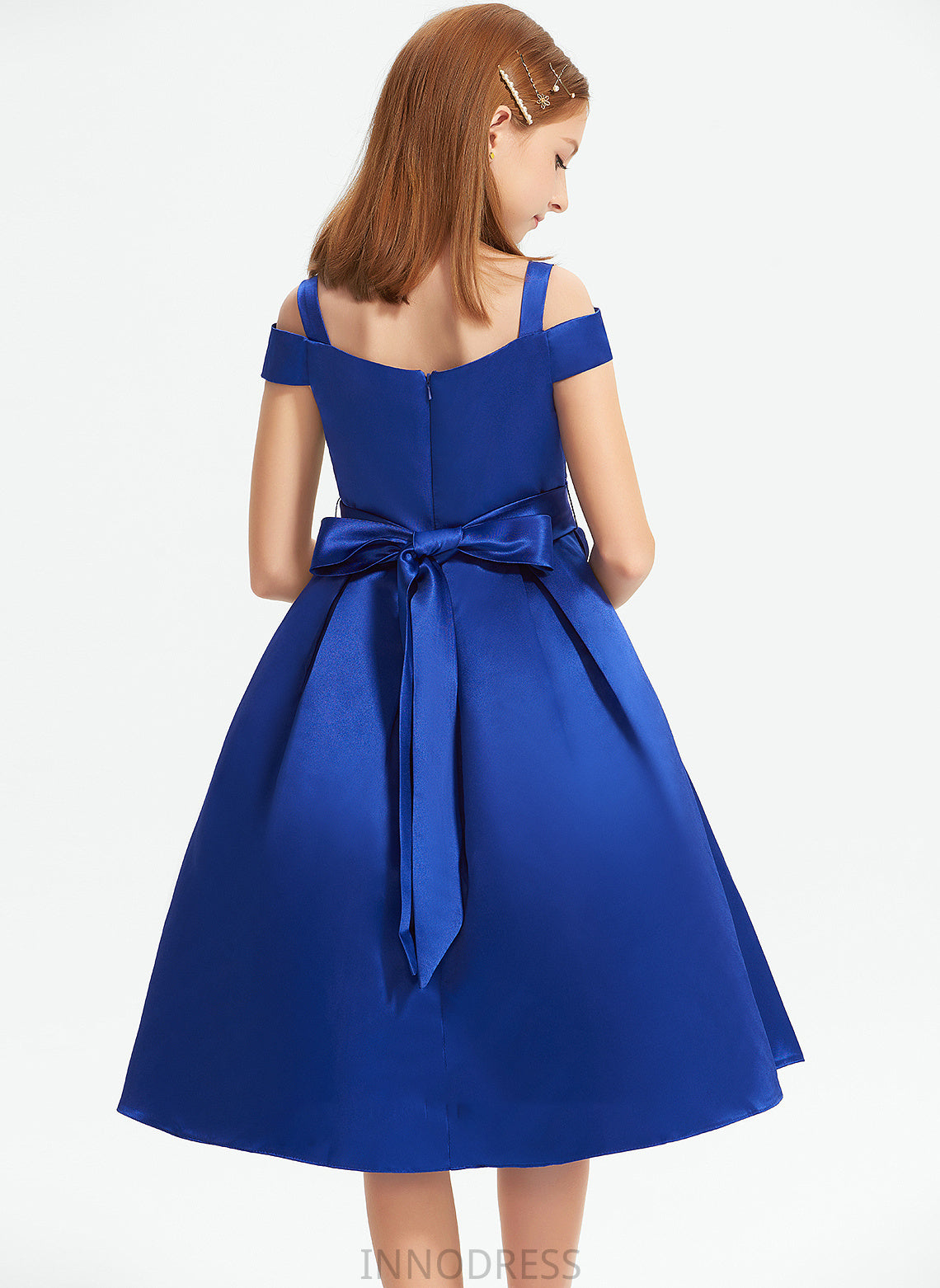 Beading Junior Bridesmaid Dresses With Satin Knee-Length A-Line Briley Bow(s) Off-the-Shoulder