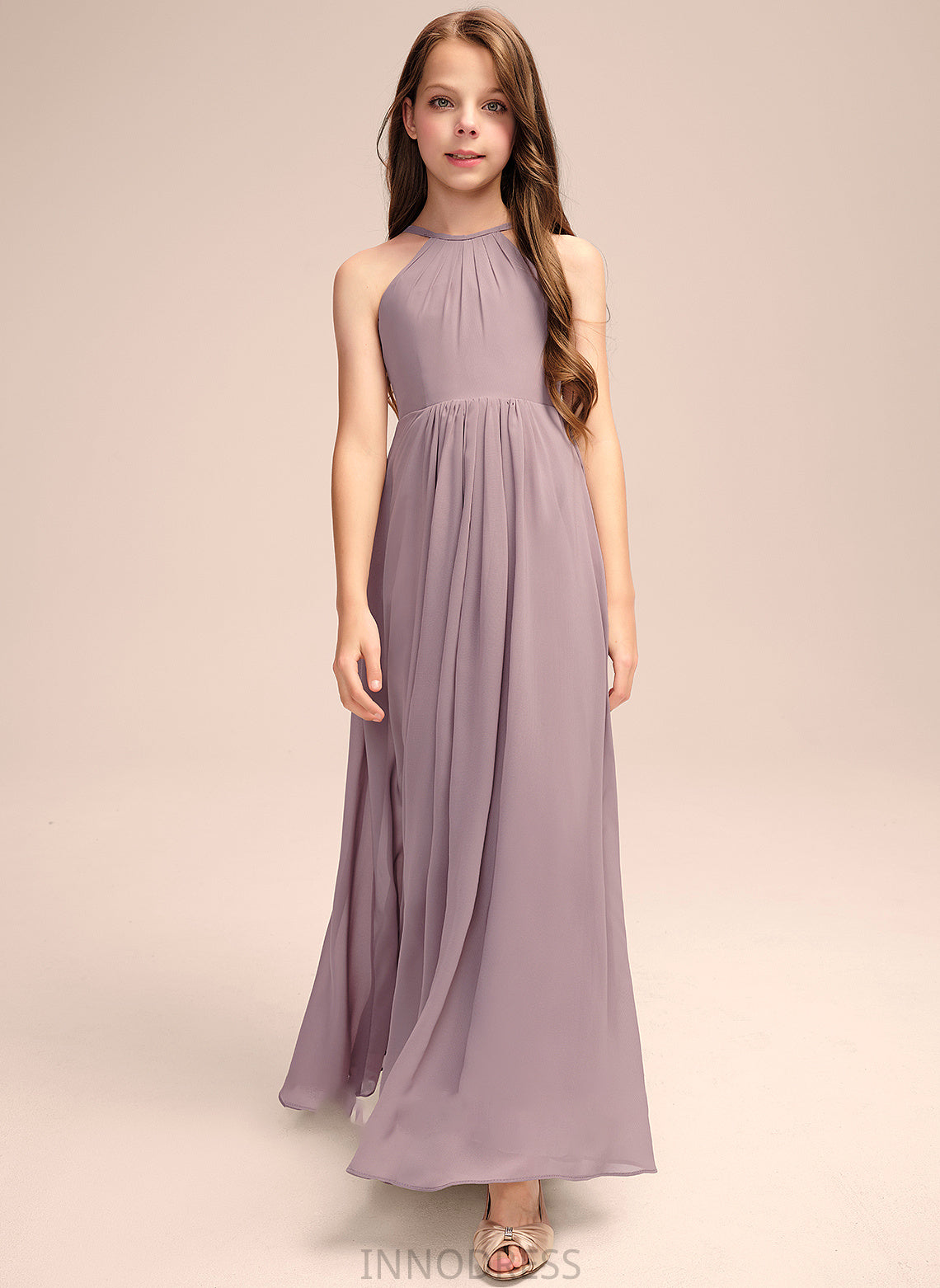 Cascading Floor-Length A-Line Kamryn Ruffles With Scoop Neck Junior Bridesmaid Dresses Chiffon