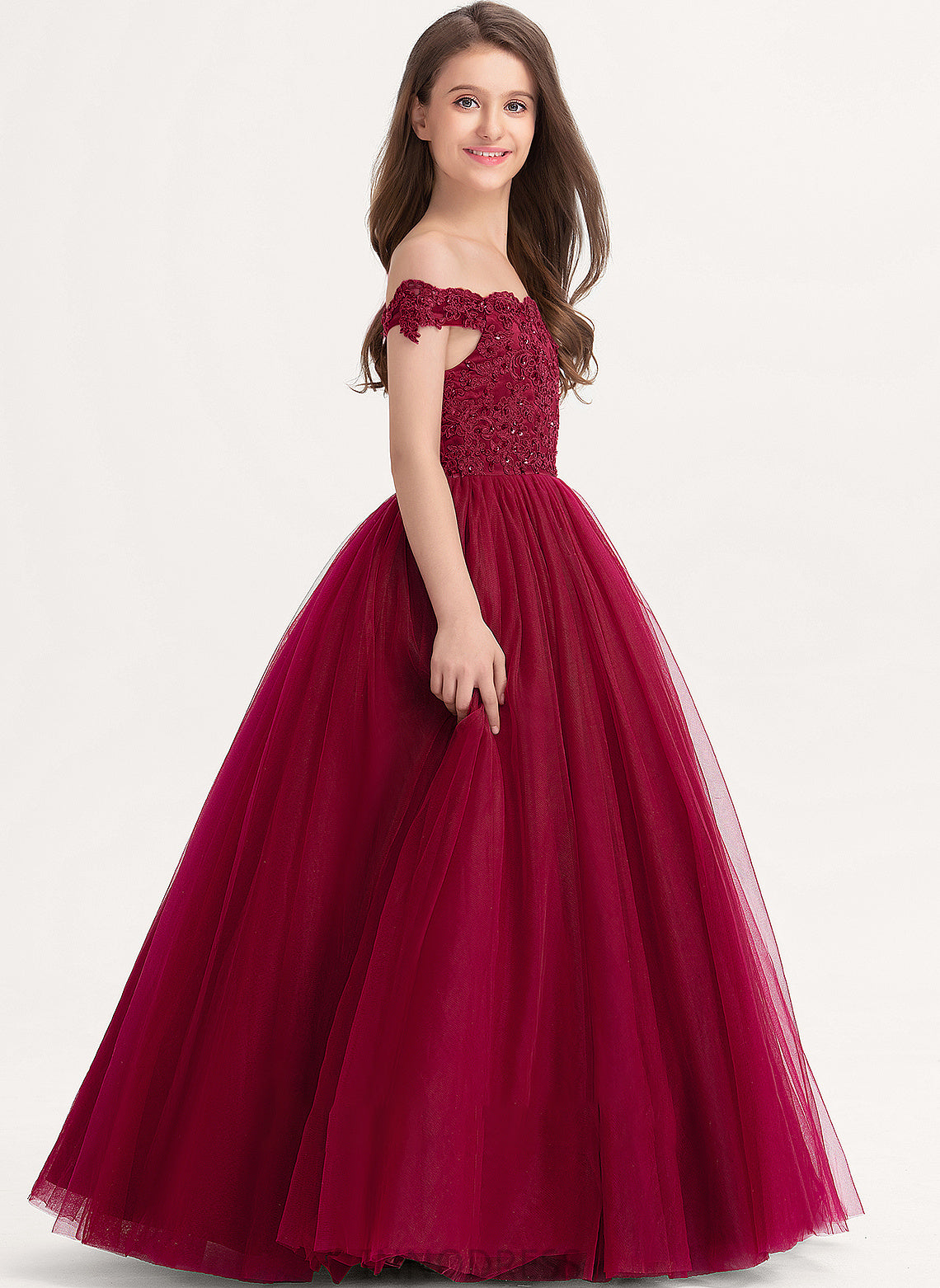 Sequins Lace Junior Bridesmaid Dresses Floor-Length Off-the-Shoulder Tulle Ball-Gown/Princess Maryjane Beading With