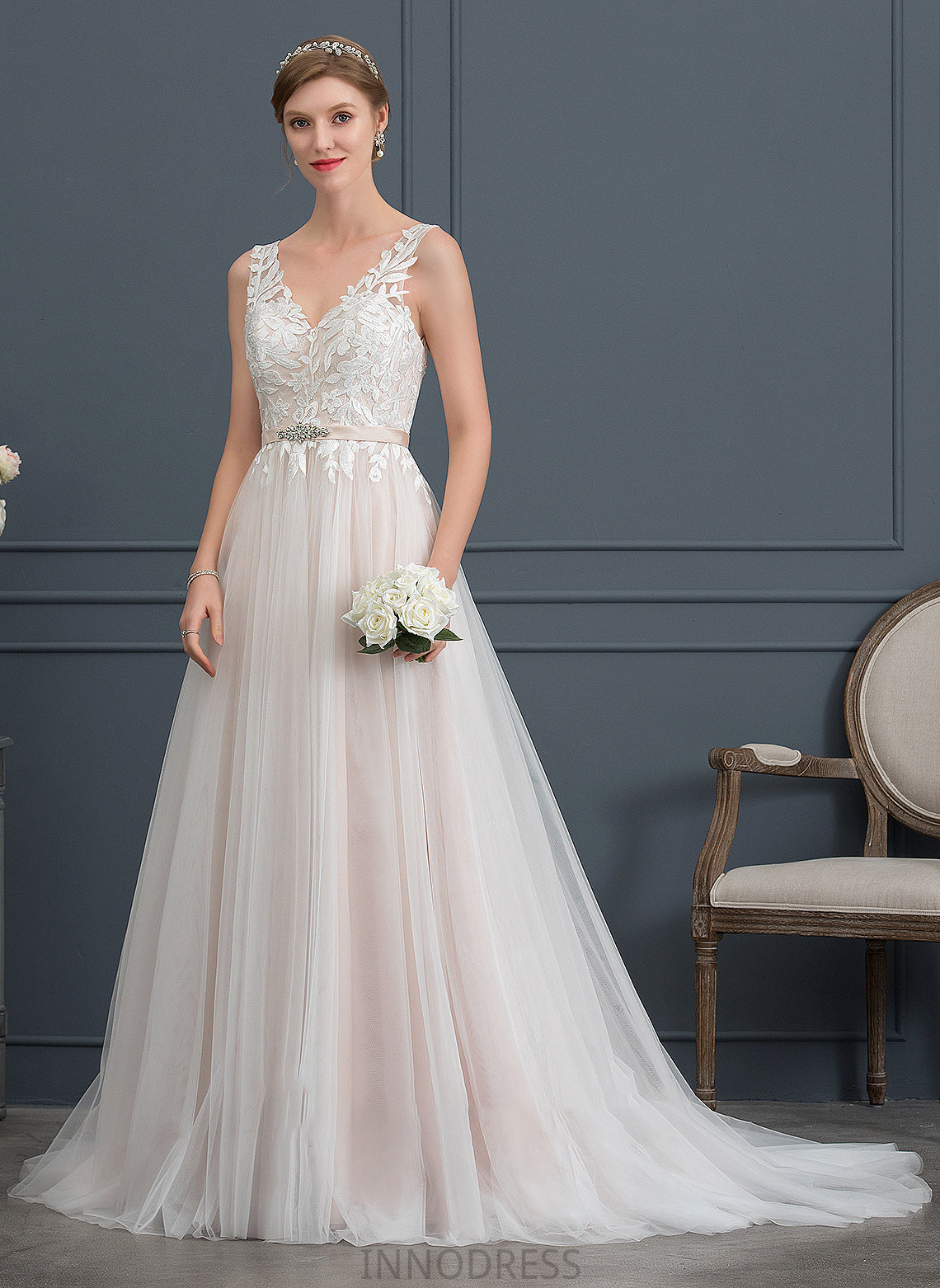 With Court A-Line Beading Train V-neck Dress Tulle Alia Wedding Dresses Wedding