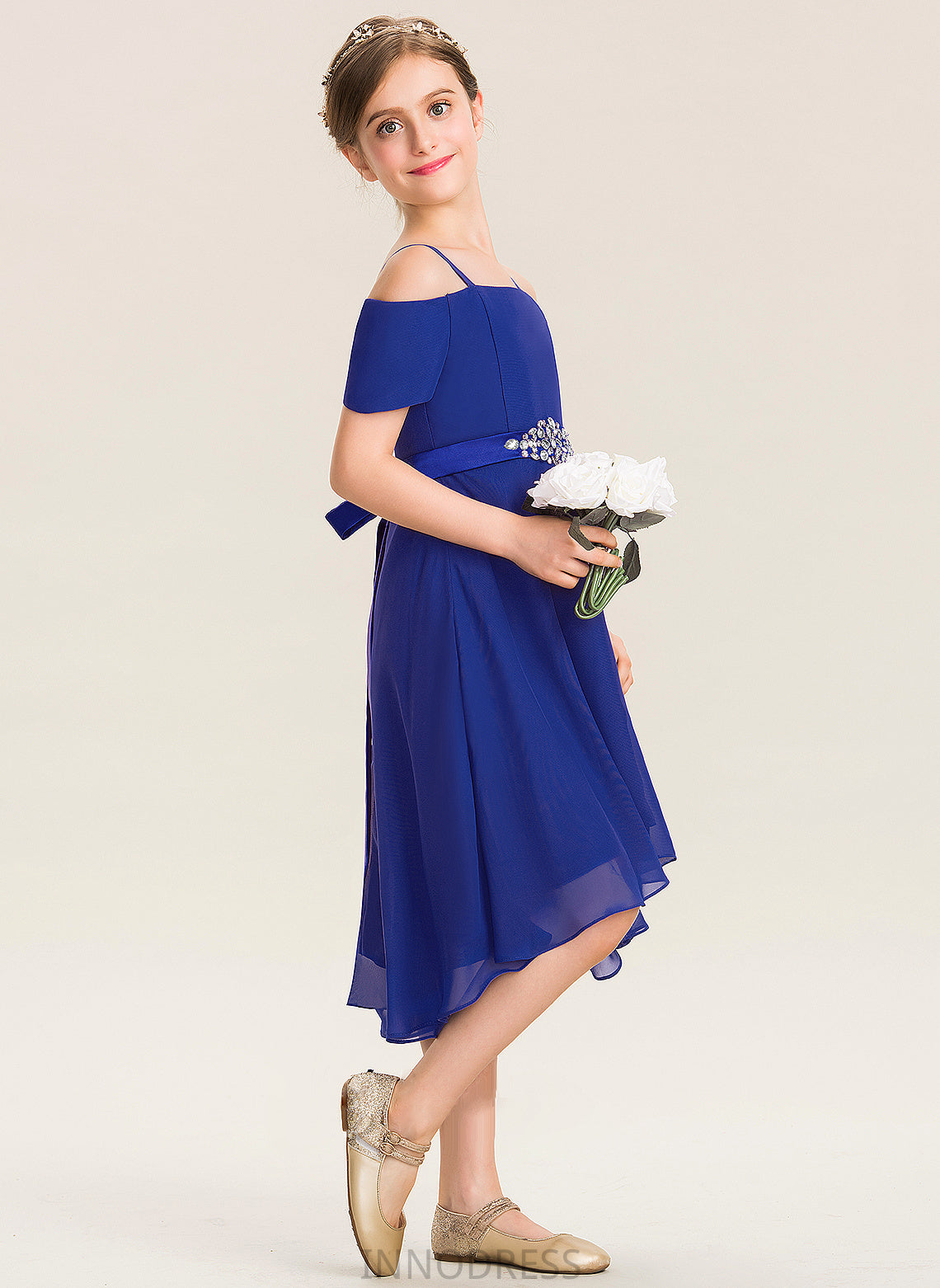 Chiffon With A-Line Beading Bow(s) Off-the-Shoulder Junior Bridesmaid Dresses Asymmetrical Mina