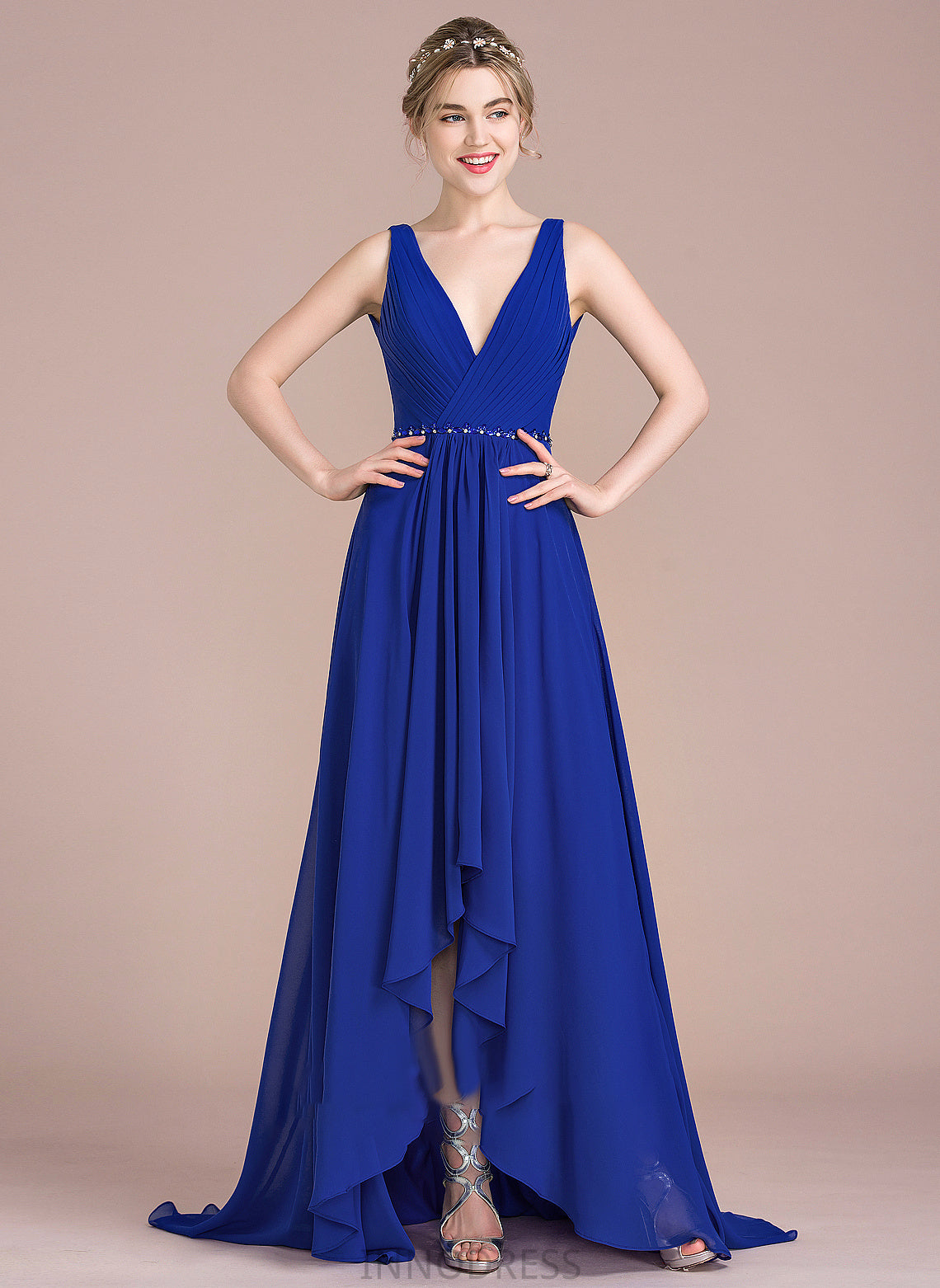 With Prom Dresses A-Line Asymmetrical Beading Sequins Chiffon Lydia V-neck Ruffle