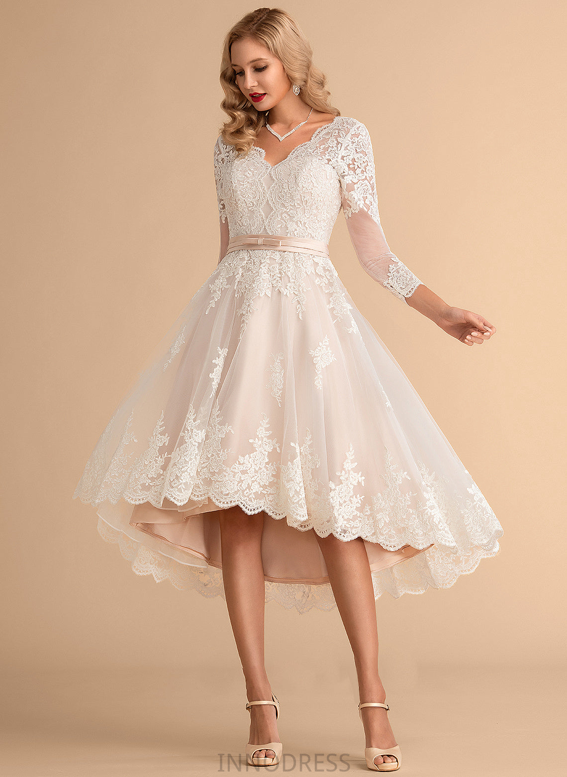 Dress Wedding Tulle Satin Zoey Lace A-Line V-neck Wedding Dresses Asymmetrical