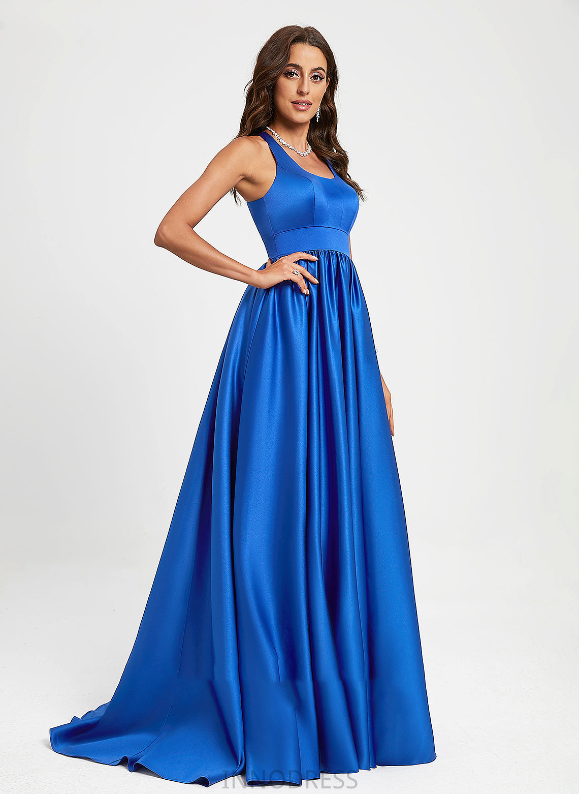 Scoop Satin Krista Neck Sweep Train A-Line Prom Dresses