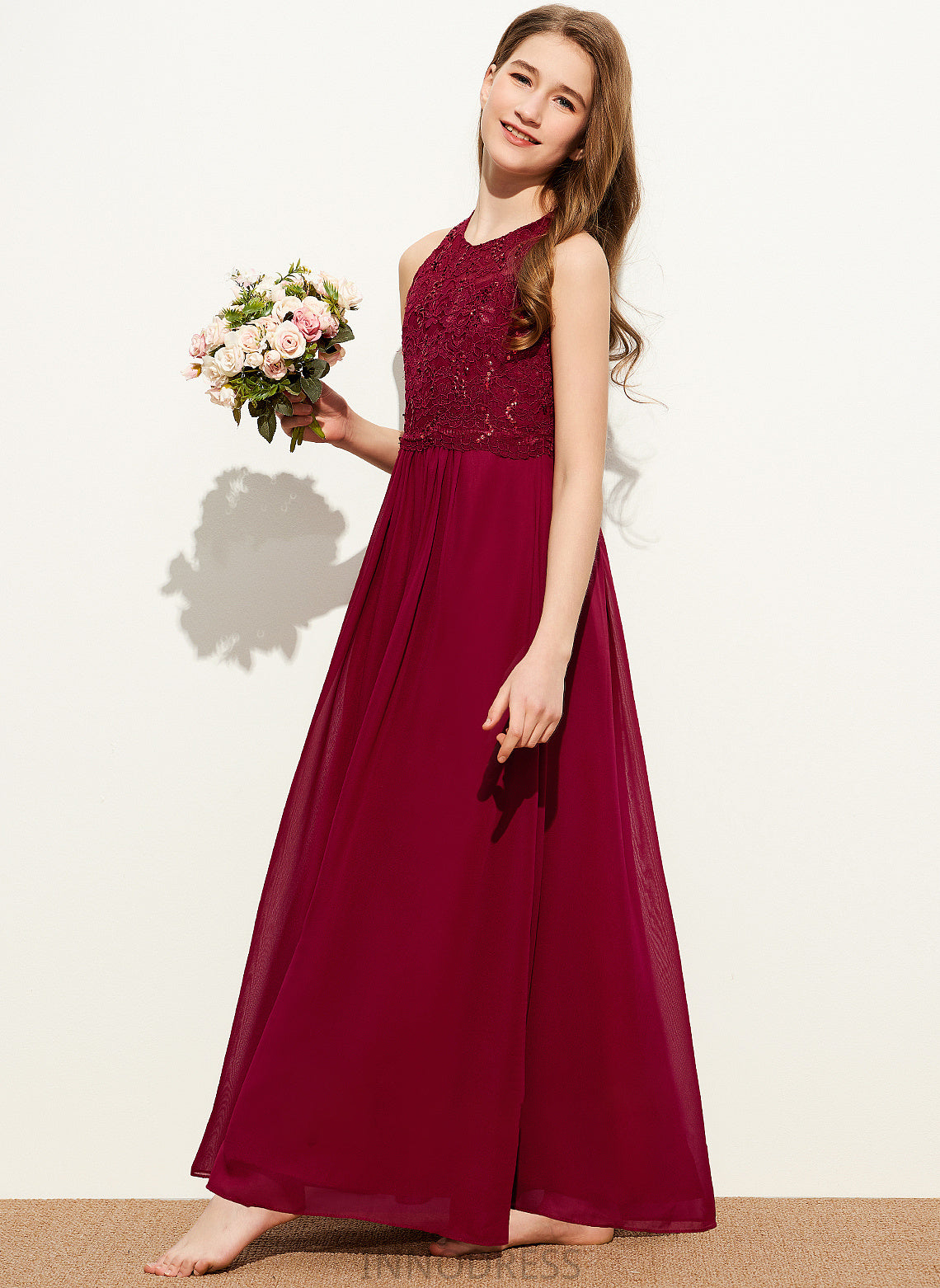 With Neck A-Line Junior Bridesmaid Dresses Chiffon Sophie Scoop Floor-Length Sequins Lace