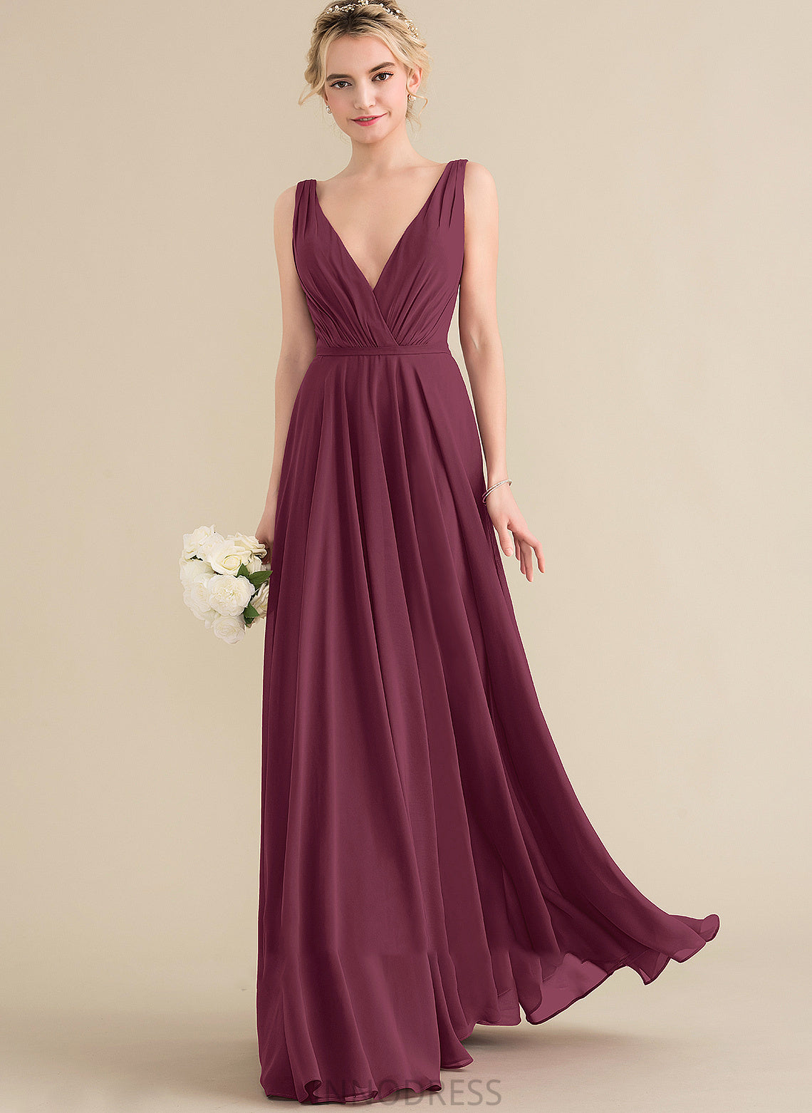 With Chiffon A-Line Prom Dresses Floor-Length V-neck Ruffle Alannah