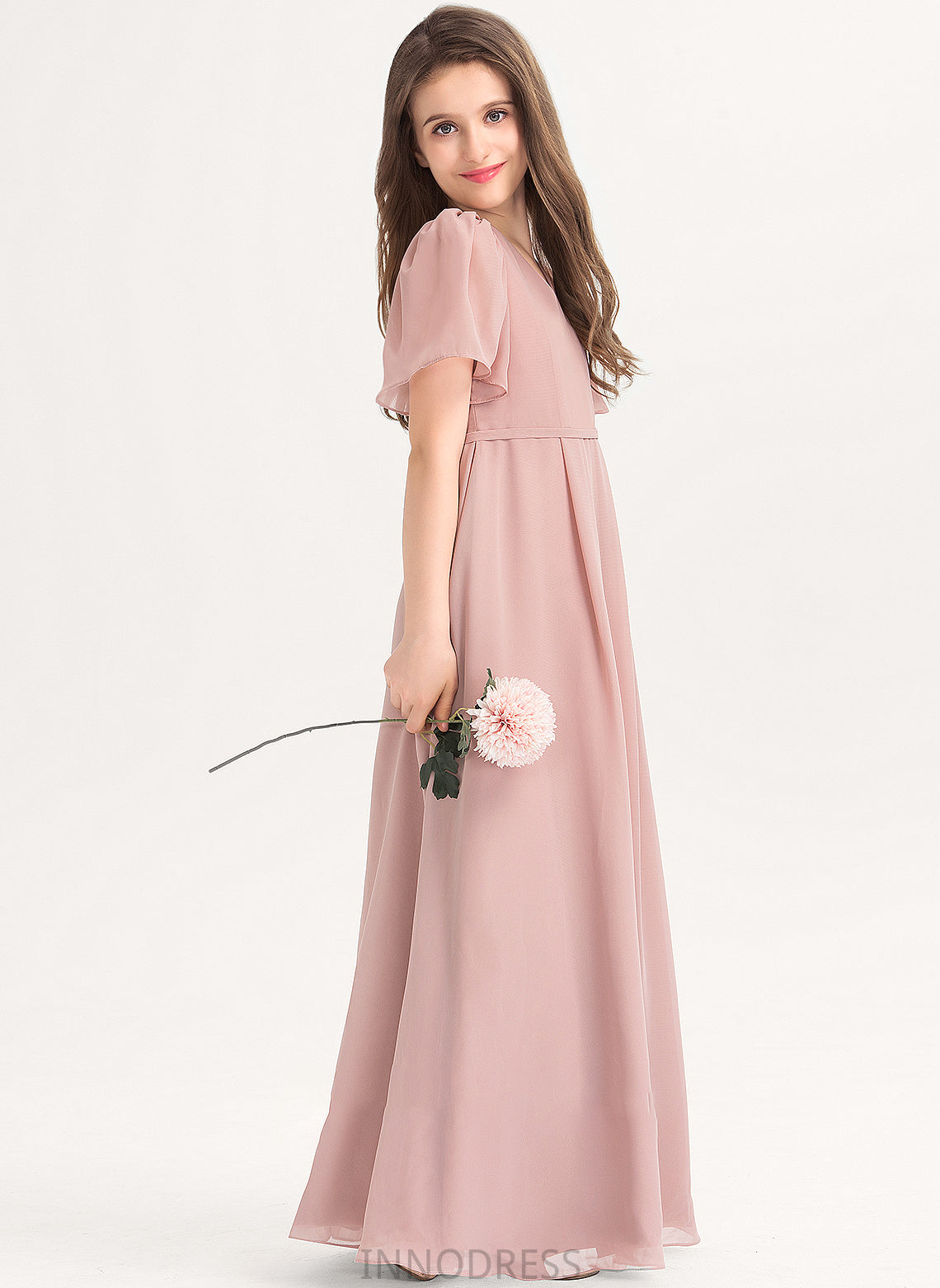 V-neck With Junior Bridesmaid Dresses Chiffon Armani Bow(s) A-Line Floor-Length