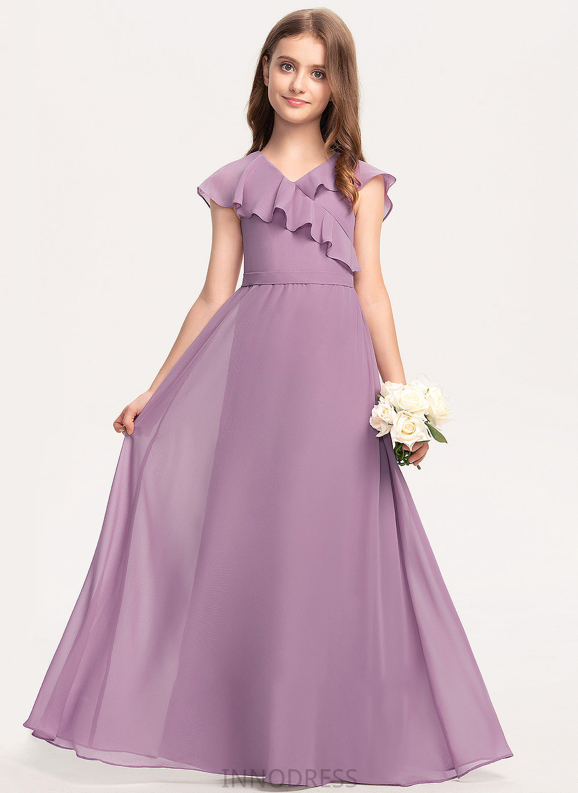 Ruffles A-Line Junior Bridesmaid Dresses Floor-Length With V-neck Bow(s) Molly Cascading Chiffon