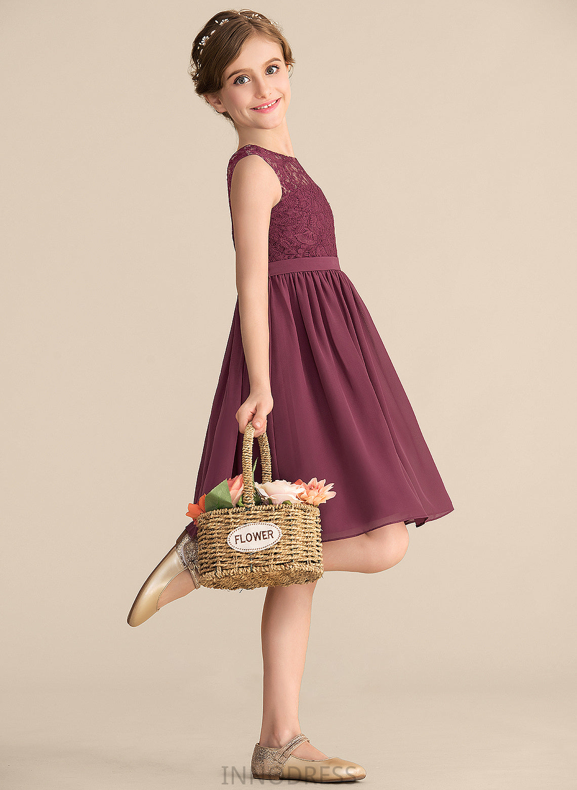 Junior Bridesmaid Dresses Aliya A-LineScoopNeckKnee-LengthChiffonLaceJuniorBridesmaidDress#165020