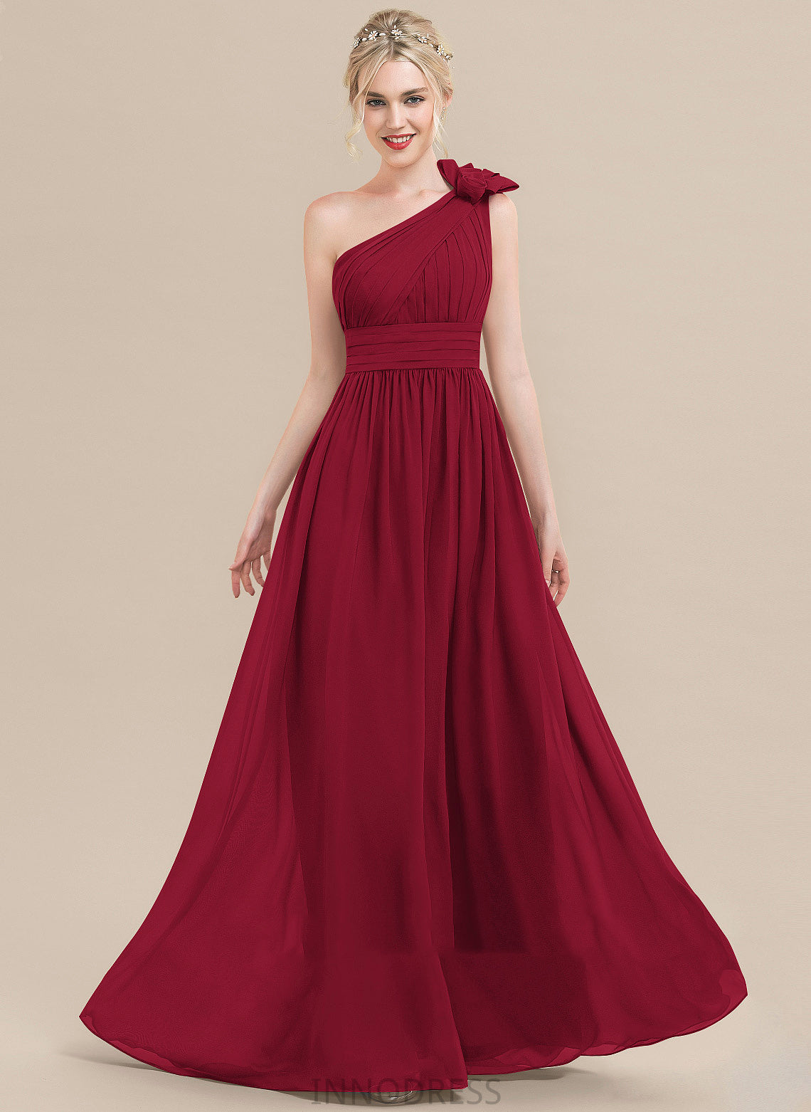 Fabric Silhouette Neckline A-Line Length Flower(s) Pleated Embellishment One-Shoulder Floor-Length Liliana V-Neck Bridesmaid Dresses