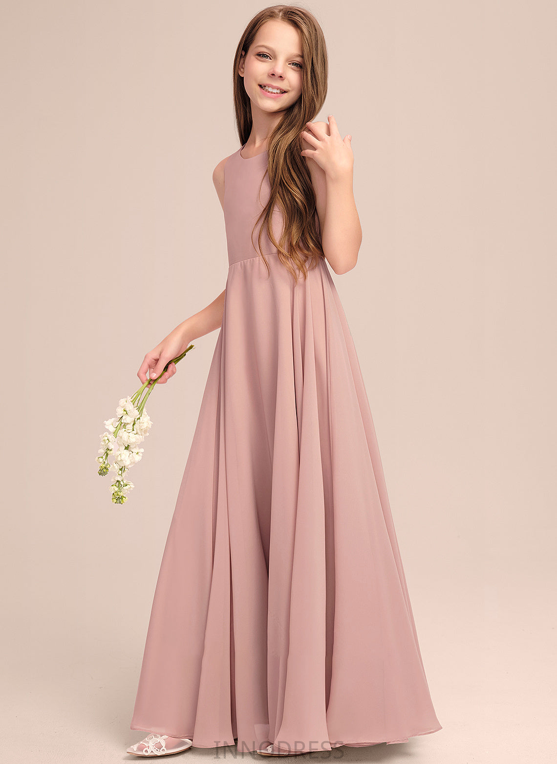 Junior Bridesmaid Dresses With Scoop Bow(s) Chiffon Kaylen Floor-Length A-Line Neck