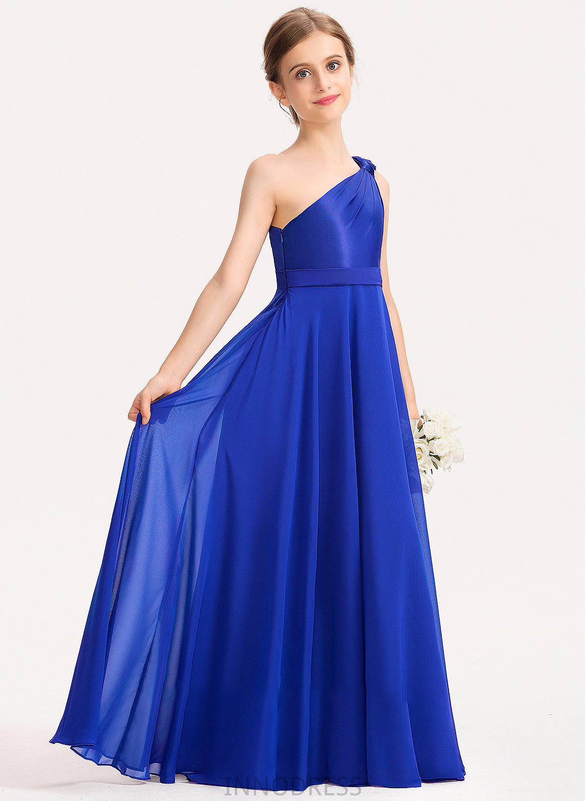 Chiffon Junior Bridesmaid Dresses With Phoebe Charmeuse A-Line Ruffle One-Shoulder Floor-Length