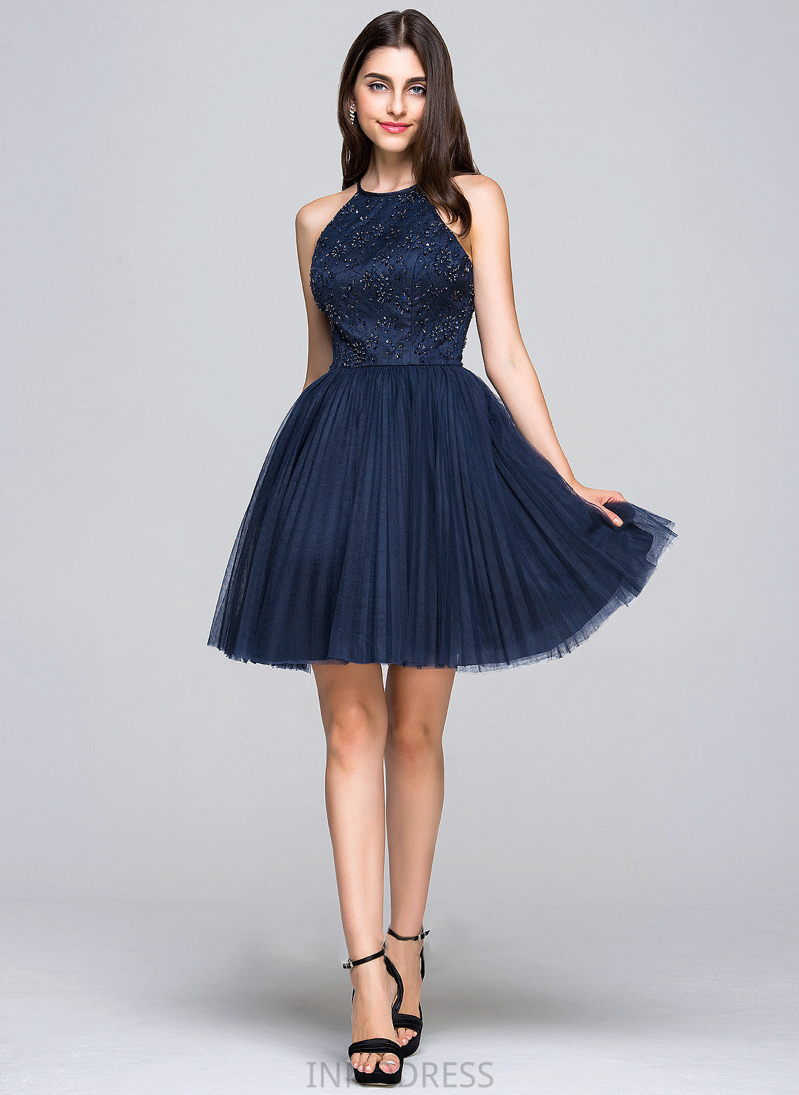 Beading Bow(s) Neck A-Line/Princess With Pleated Scoop Short/Mini Sequins Valerie Prom Dresses