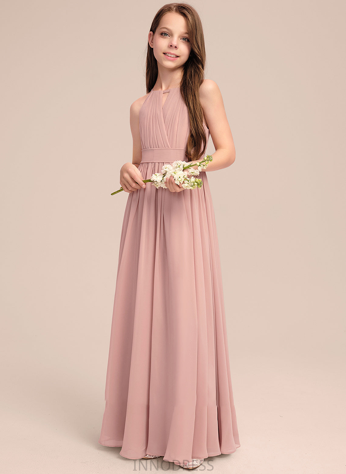 Ruffle Neck With Floor-Length Scoop A-Line Chiffon Gisselle Junior Bridesmaid Dresses Bow(s)