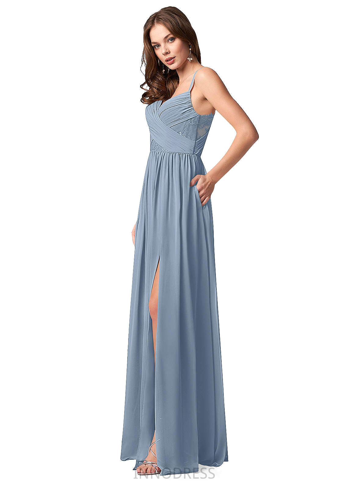 Ireland Spaghetti Staps Satin V-Neck A-Line/Princess Natural Waist Floor Length Sleeveless Bridesmaid Dresses