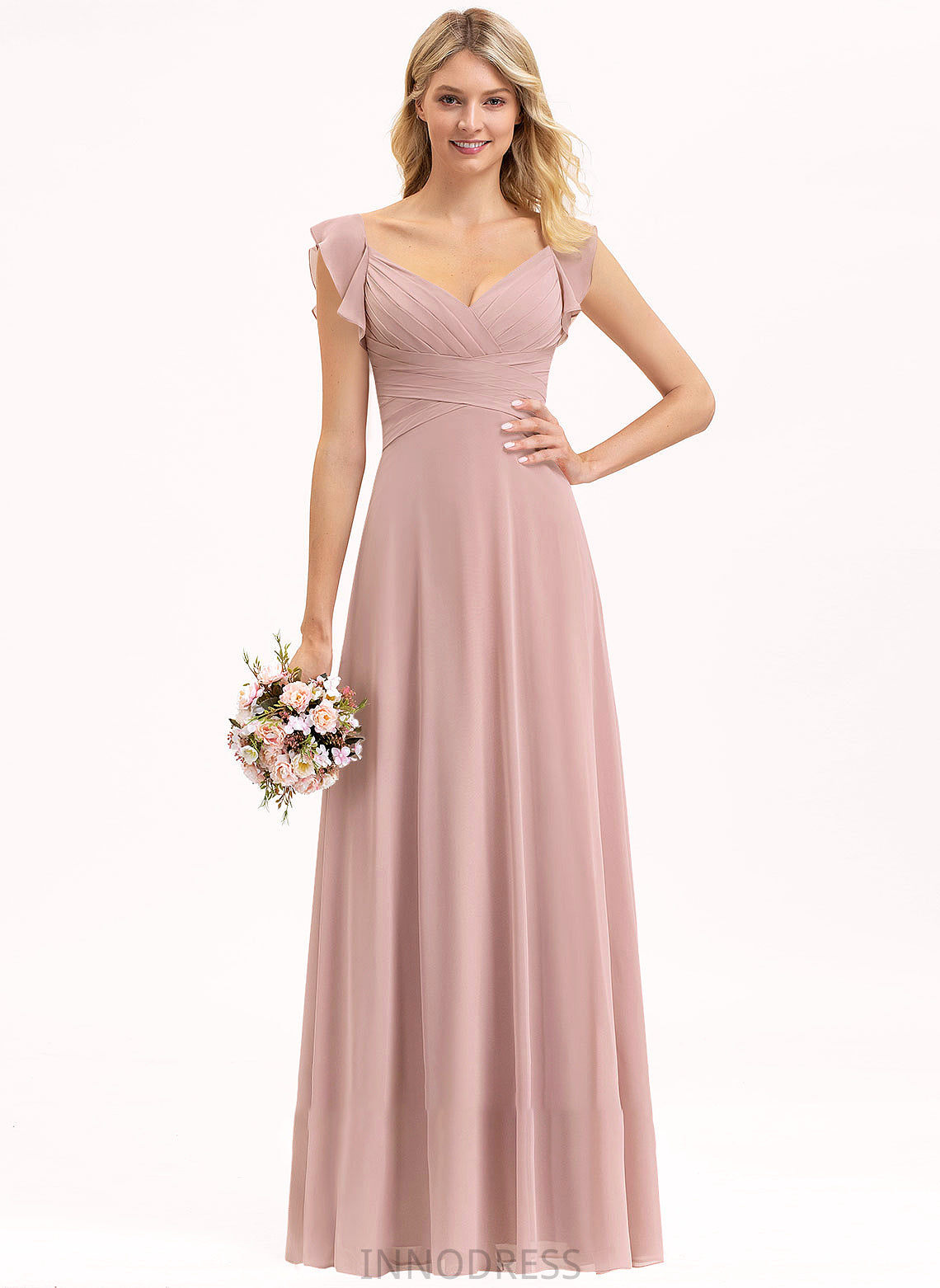 Mikaela Cascading Floor-Length Chiffon Prom Dresses Ruffles V-neck Empire With