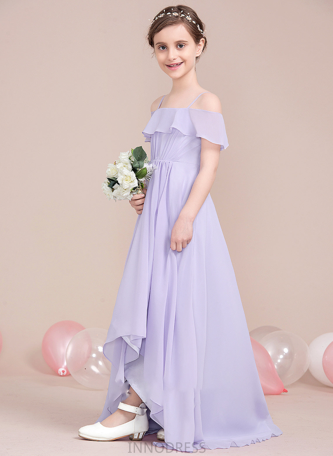 Madeline Cascading Asymmetrical With Ruffles Junior Bridesmaid Dresses Chiffon Off-the-Shoulder A-Line