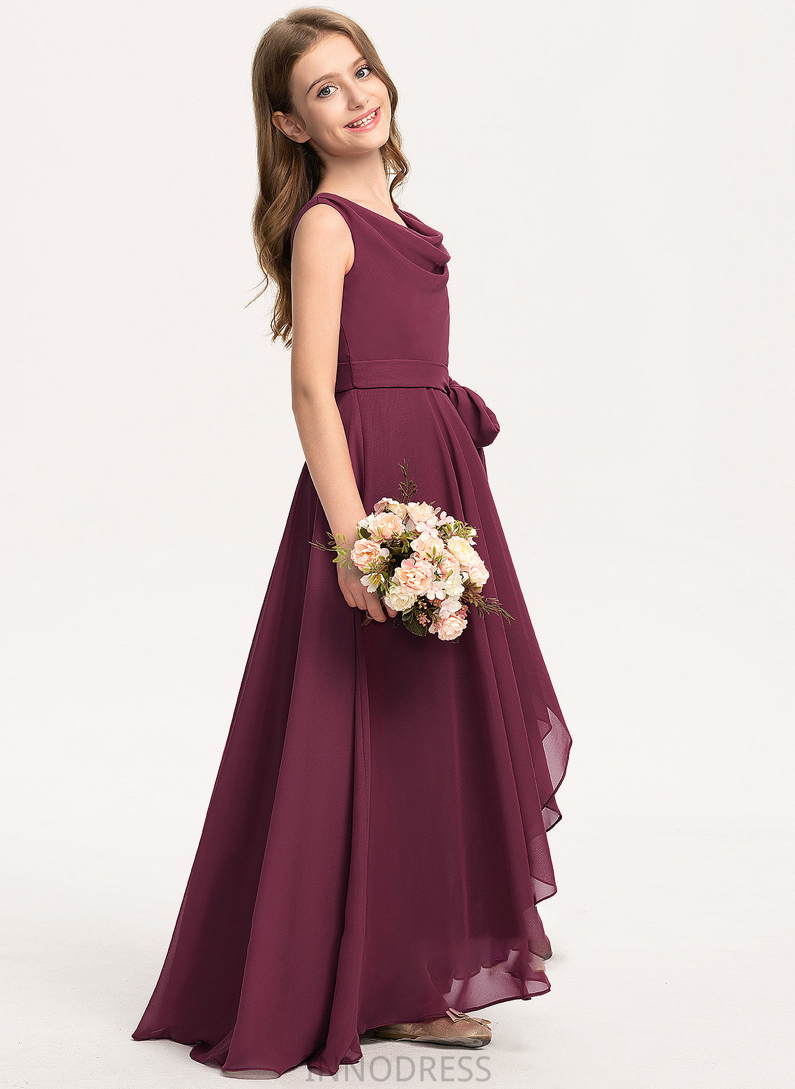 Neck A-Line Kaylah Junior Bridesmaid Dresses Bow(s) With Asymmetrical Cowl Chiffon