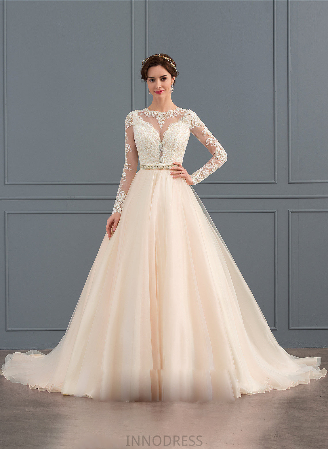 Ball-Gown/Princess Train Chapel Wedding With Dress Wedding Dresses Beading Tulle Scoop Elsa Neck