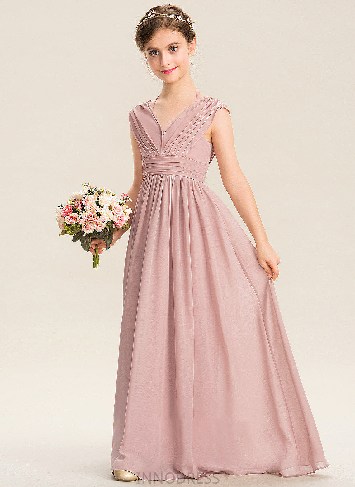 Ruffle V-neck A-Line With Floor-Length Amina Chiffon Bow(s) Junior Bridesmaid Dresses