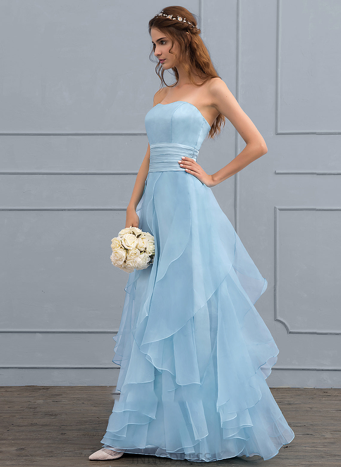 Charity A-Line Organza With Sweetheart Wedding Floor-Length Cascading Wedding Dresses Ruffles Dress