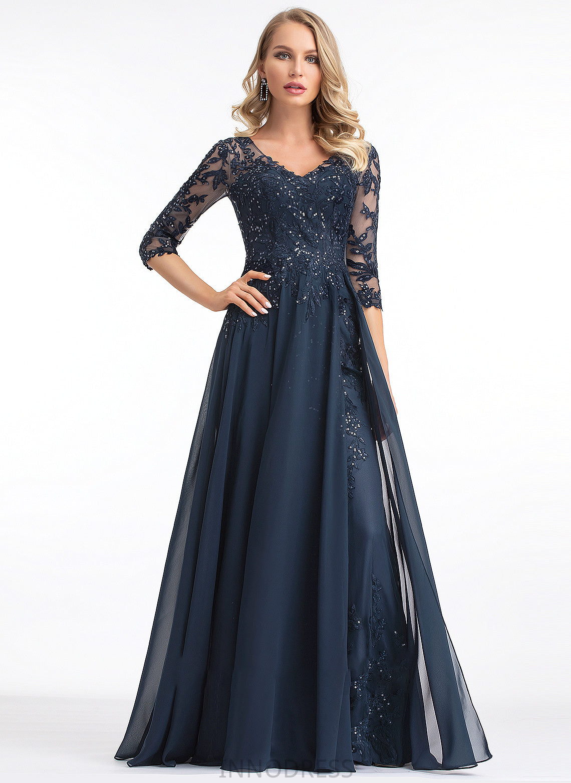 A-Line With Floor-Length Prom Dresses Chiffon V-neck Sequins Kenzie