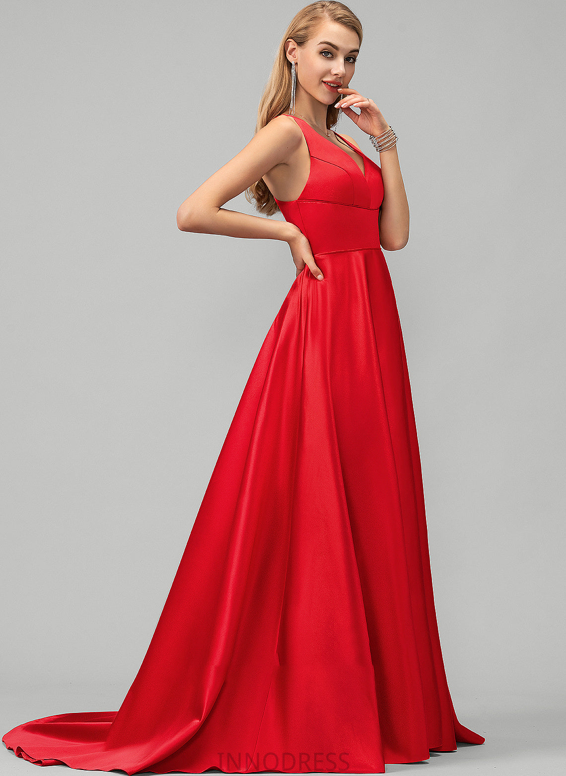 Ball-Gown/Princess Sweep Satin Train With V-neck Front Skyla Prom Dresses Split