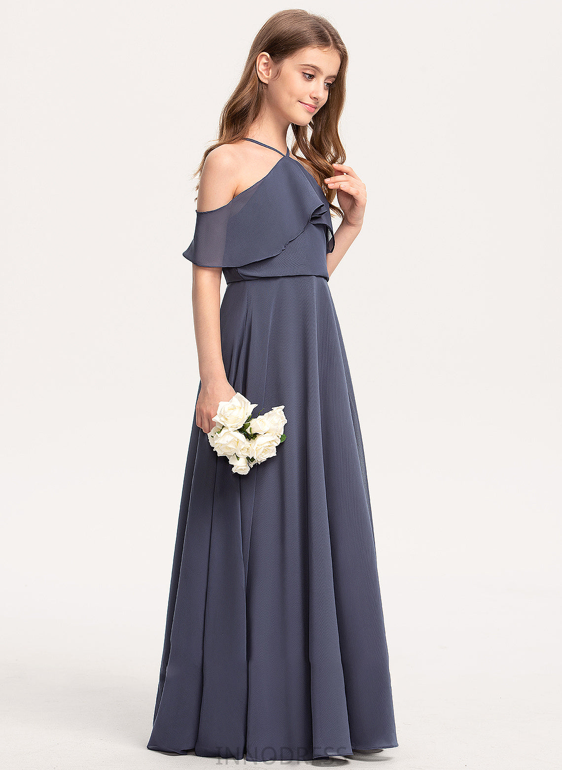 Simone Off-the-Shoulder With Ruffles Floor-Length Chiffon Junior Bridesmaid Dresses A-Line Cascading