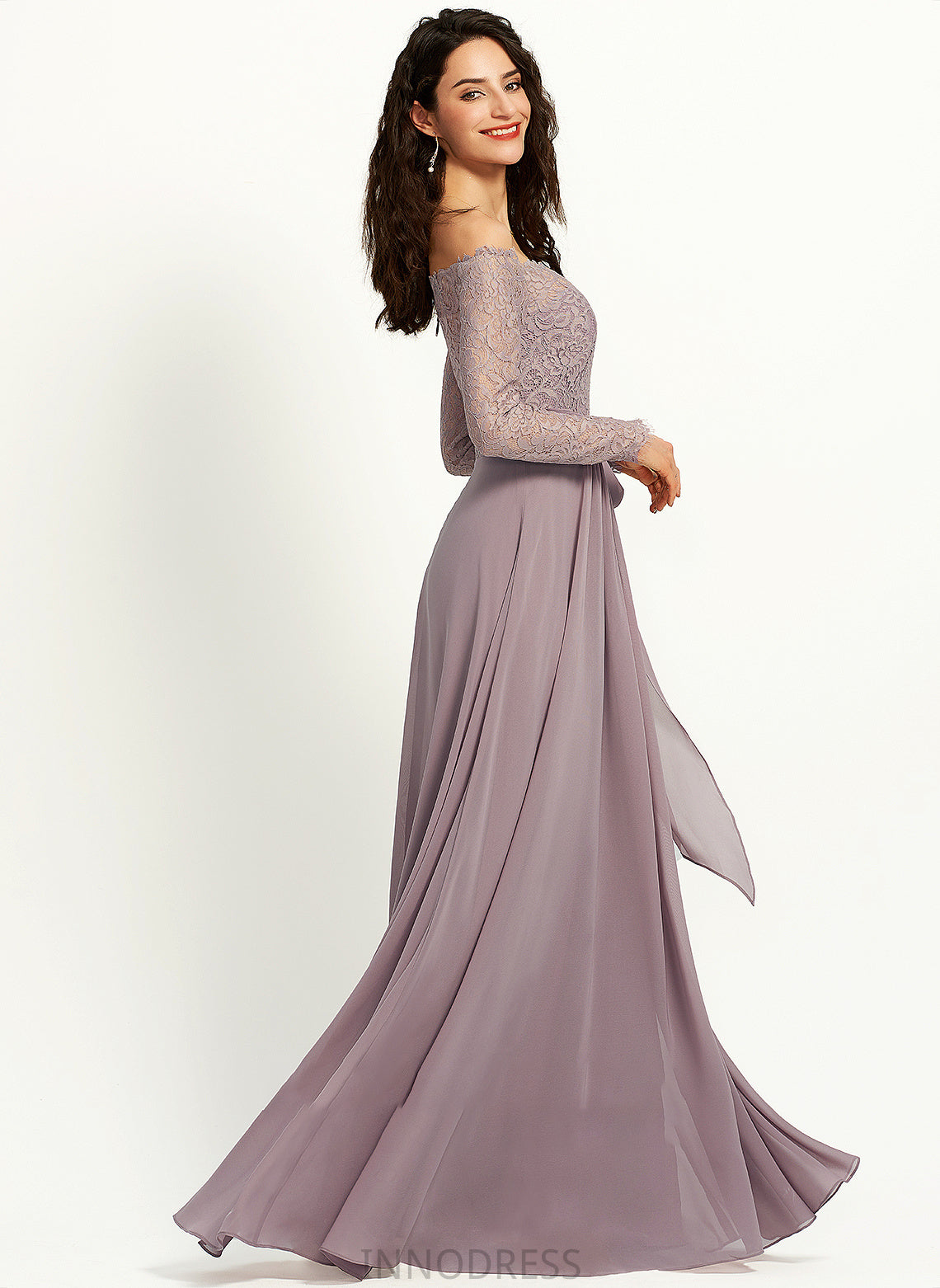 Lace Off-the-Shoulder Length Neckline Fabric Straps A-Line Silhouette Floor-Length Eleanor V-Neck Short Sleeves